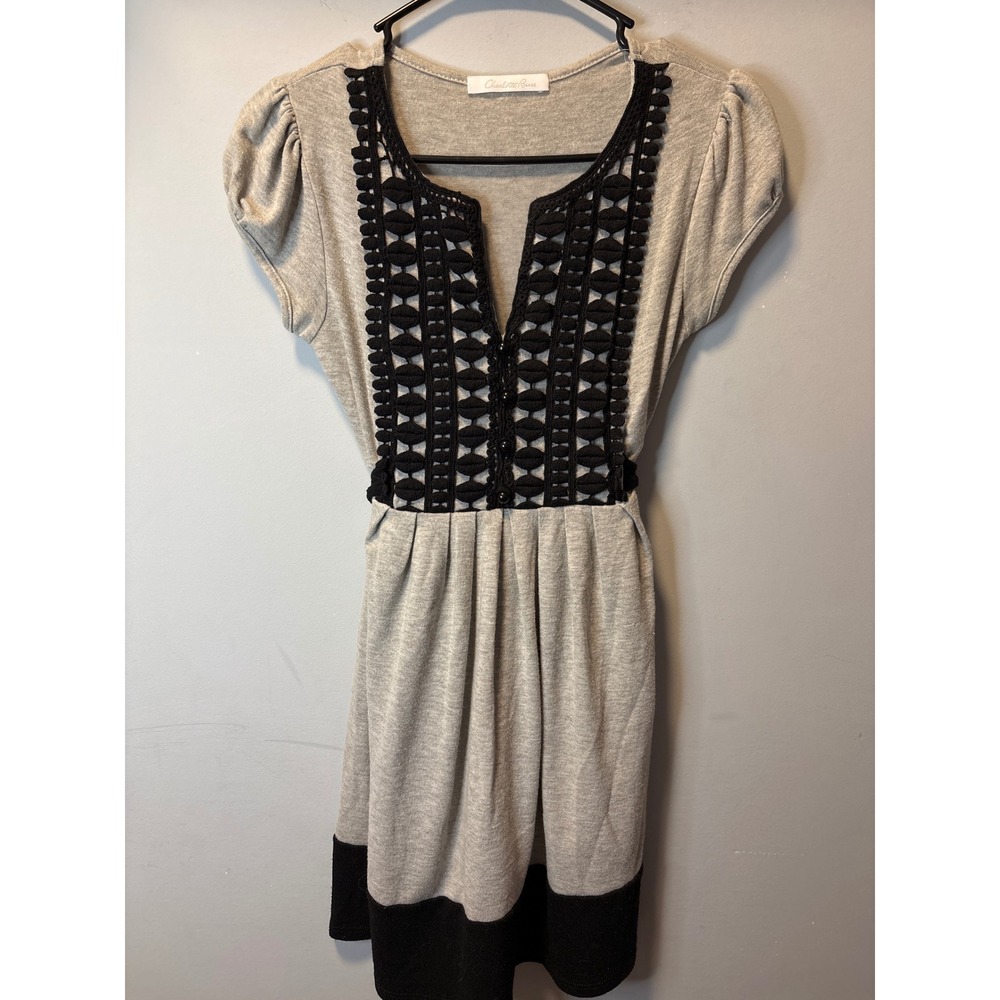 Y2K Babydoll Gray Knit Mini Dress‎ Black Crochet Bib Tie Back Small